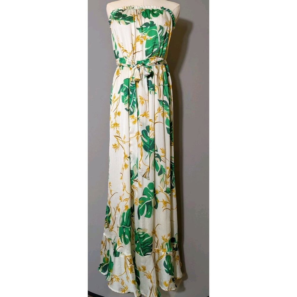 The Webster Miami Strapless Tropical Maxi Dress L Green Palm Leaf Travel Beach